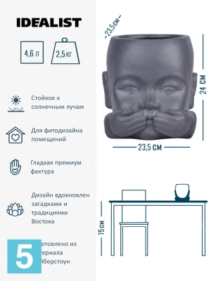 Кашпо IDEALIST Голова малыша-монаха, дымчато-серое 23,5-l, 23-w, 24-h