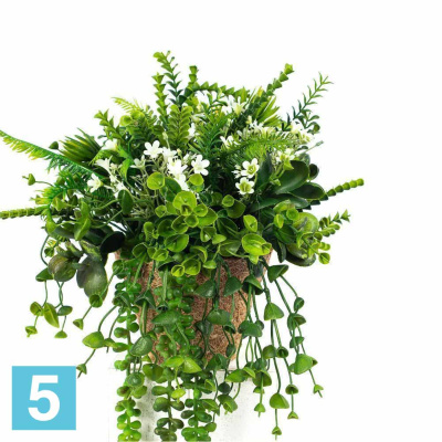 Зелень микс с Кампанул.в круглом кокосовом боксе искусственная Alseed, 15*, h-10